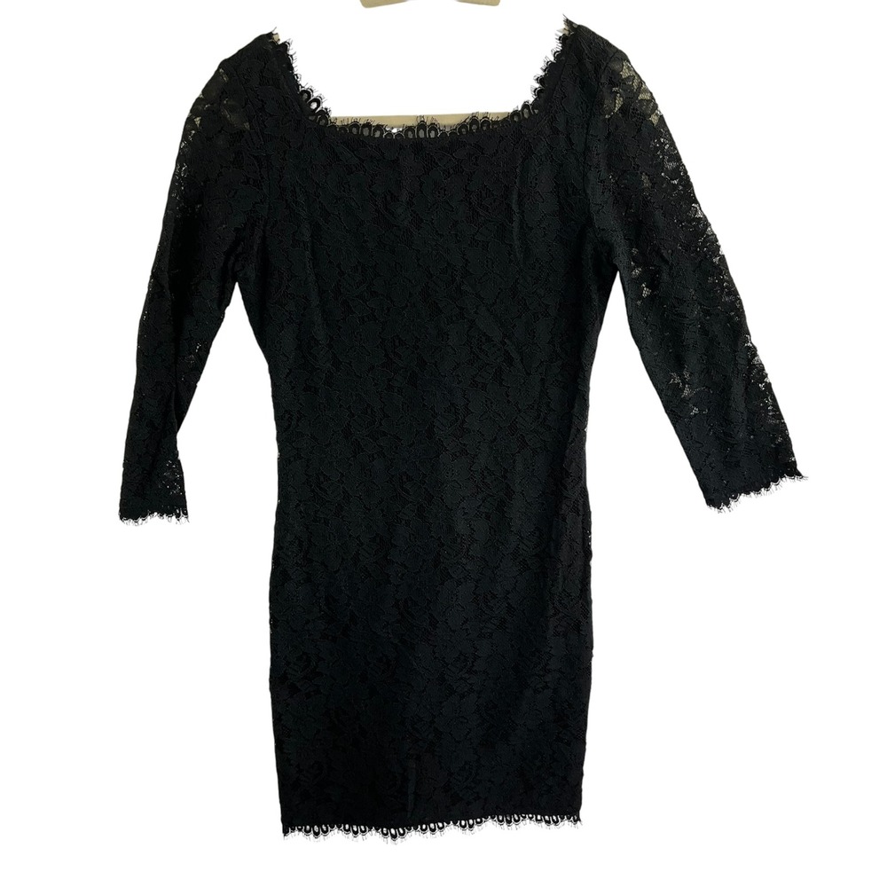 Diane von Furstenberg Zarita Black Lace Long Sleeve V-Back Mini Dress Size 2